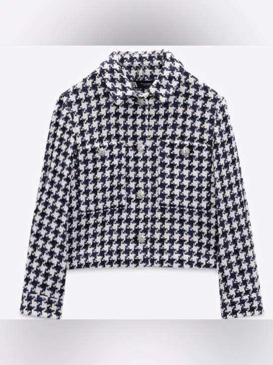 Zara Jackets & Blazers - ZARA Houndstooth White/Blue Cropped Jewel Button Jacket\Blazer